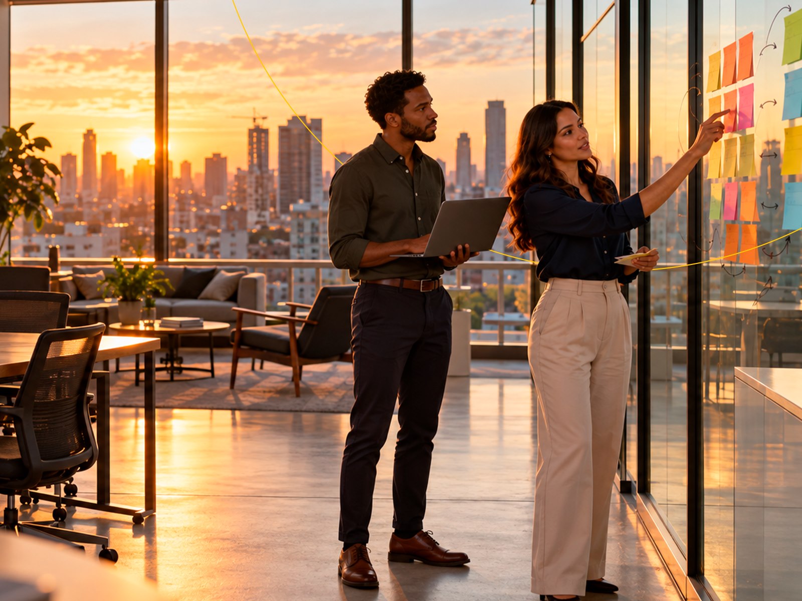 Duas pessoas organizando post-its em um quadro de vidro, em um escritório ao pôr do sol